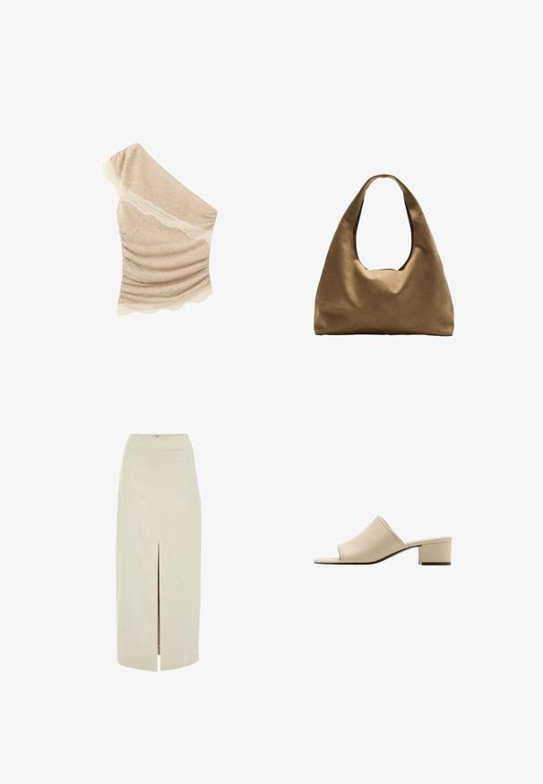 Beiges One-Shoulder-Top mit gerafftem Stoff und zartem Spitzenbesatz entlang des Ausschnitts und Saums auf weißem Hintergrund.; Helle beige Midi-Rock mit geradem Schnitt und einem mittigen vorderen Schlitz. Aus einem glatten Stoff mit einem verdeckten Reißverschluss auf der Rückseite gefertigt.; Beige offene Mule-Sandale mit niedrigem Blockabsatz und glattem Lederobermaterial, seitlich auf weißem Hintergrund gezeigt.; Braune Stoffschultertasche mit einem breiten, runden Körper und einem großen Ausschnittgriff. Sanfte Textur, minimalistisches Design und keine sichtbaren Beschläge.