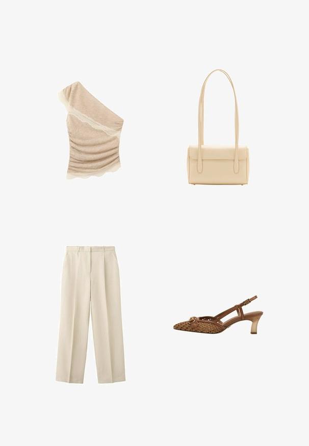 Haut beige à une épaule avec tissu froncé et délicate bordure en dentelle le long de l'encolure et de l'ourlet sur fond blanc.; Pantalon beige taille haute à jambes larges avec passants pour ceinture et poches latérales avant, fabriqué en tissu texturé.; Chaussure slingback tissée marron avec un bout pointu, des fines lanières, un accent de boucle décorative et un talon transparent de hauteur moyenne.; Sac à épaule rectangulaire beige avec longues bretelles doubles et fermeture à rabat, présenté sur fond blanc.