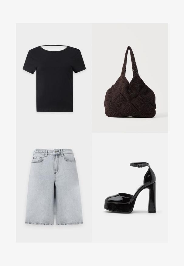 Sort t-shirt med korte ærmer, bred, rundet halsudskæring og slank pasform, vist på en ensfarvet lys baggrund.; Lys grå denimshorts med en afslappet pasform, der har høj talje, fem lommer og lige ben. Enkle, minimalistiske syninger.; Sorte patentlæder platform hæle med ankelrem, rund tå og blokhæl, der viser en glat, skinnende overflade.; Sort hæklet mulepose med teksturerede firkantede mønstre og to skulderremme, der står mod en ensartet baggrund.