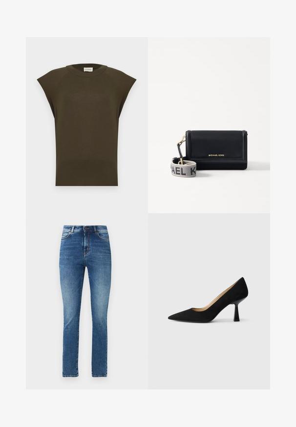 Ärmelloses dunkelolivgrünes Stricktop mit Rundhalsausschnitt und geripptem Saum, flach auf hellem Hintergrund liegend dargestellt.; Blaue, hoch taillierte, schlanke Jeans mit Fronttaschen, Gürtelschlaufen, Knopfverschluss und leichter Verwaschung an Oberschenkeln und Knien.; Schwarze Wildleder-Pumps mit hohem Absatz und spitzer Zehenform, ausgestattet mit einem glänzenden schwarzen Blockabsatz und einem glatten Innenfutter.; MICHAEL Michael Kors JET SET SM PHONE WBG XBODY - Umhängetasche - black