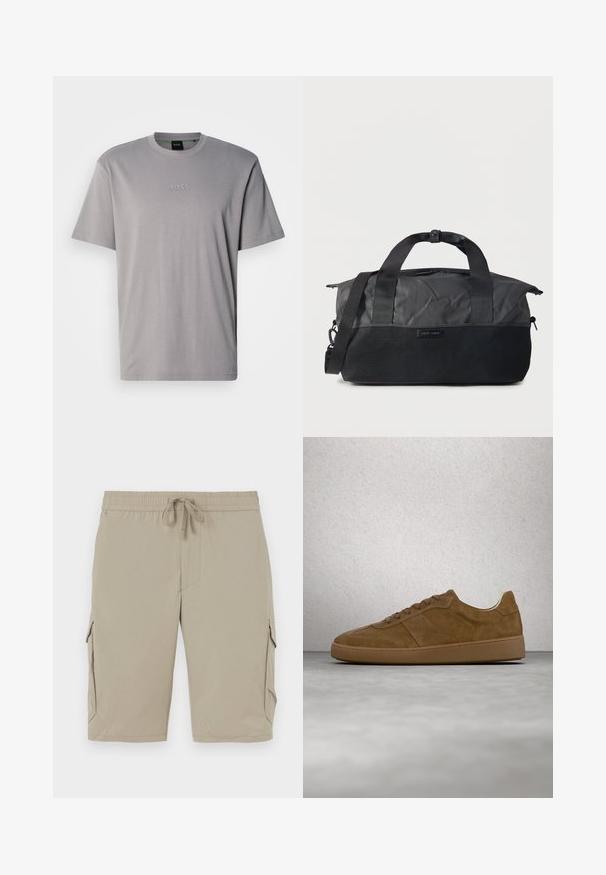 Lysegrå T-shirt med korte ærmer lavet af bomuld, med rund halsudskæring og præget "BOSS"-logo på brystet. Glat tekstur.; Beige cargo shorts med elastisk talje og snor. Har sidelommer og et glat, let stof.; Brun ruskindsneaker med tanfarvede snørebånd og gummisål. Har en rundet snude og synlige stikninger på overdelen. Letvægtsdesign.; Sort duffeltaske med lynlås på toppen, elastisk lomme foran, to bærehåndtag med trykknaplukning og justerbar skulderrem mod hvid baggrund.