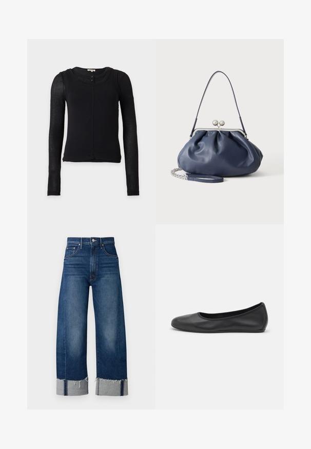 Zwarte aansluitende top met lange mouwen, semi-doorzichtige mouwen, een ronde halslijn en twee kleine knoopjes op de voorste kraag.; Donkerblauwe denim wijde pijpen jeans met een rafelige zoom en lichtgrijze manchetten. Voorzien van een traditionele vijfzakkenontwerp.; Zwarte leren ballerina met een ronde neus, gladde textuur, minimale stikdetails en een flexibele zoolontwerp.; Zachte navyblauwe leren handtas met zilveren sluiting, enkele schouderband en afneembare ketting polsband op witte achtergrond.