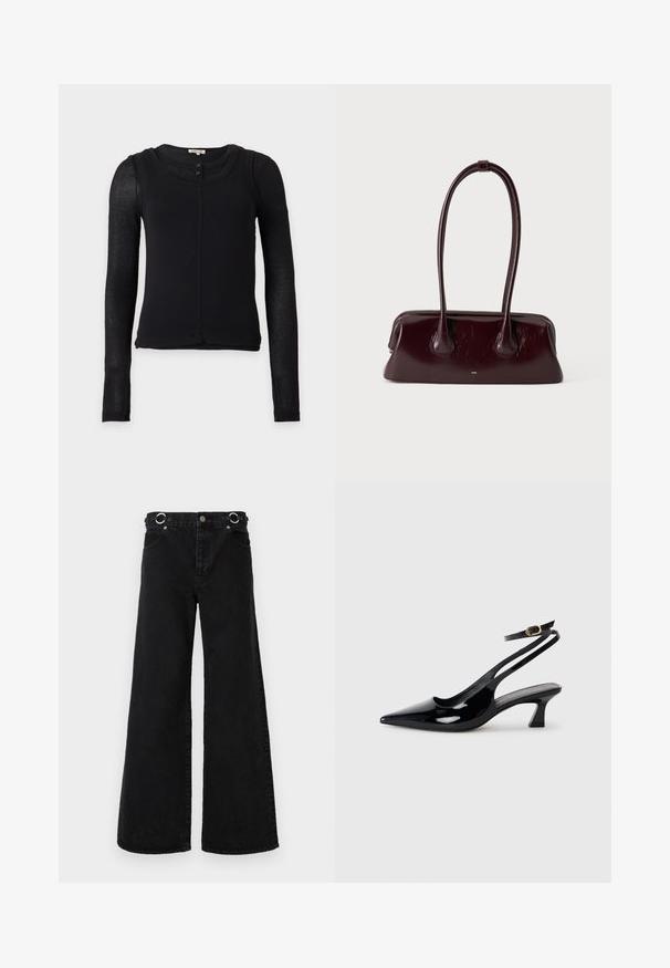 Haut noir cintré à manches longues avec manches semi-transparentes, encolure ronde et deux petits boutons au col avant.; Jean noir à jambes larges en denim, avec une taille haute, de grandes poches avant, et des accessoires ronds argentés à la ceinture.; Escarpins à brides arrière en cuir verni noir, à bout pointu, avec un petit talon carré et une sangle de cheville ajustable dotée d'une boucle dorée.; Sac à main en cuir brun foncé brillant avec de longues anses fines et une base rectangulaire structurée sur un fond clair uni.