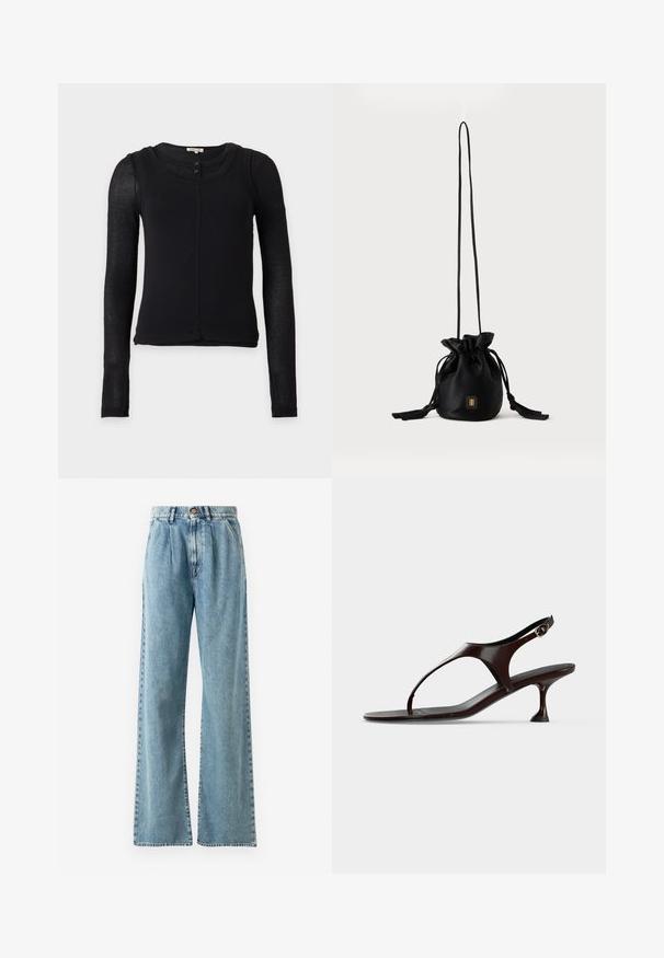 Schwarzes, eng anliegendes Langarmtop mit halbtransparenten Ärmeln, rundem Halsausschnitt und zwei kleinen Knöpfen am vorderen Kragen.; Helle blaue hochgeschnittene weite Jeans aus Denim, mit Knopfverschluss, ausgeprägten Falten und genähten Taschen.; Dunkelbraune Lackleder-Slingback-Sandale mit kittenabsatz und Zehensteg auf weißem Hintergrund.; Schwarze Bucket Bag mit Kordelzug, langem dünnem Riemen und kleinem goldenem quadratischem Logo vorne, vor einfachem Hintergrund präsentiert.