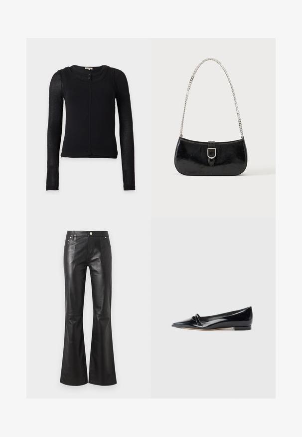Haut noir cintré à manches longues avec manches semi-transparentes, encolure ronde et deux petits boutons au col avant.; Pantalon taille haute en simili cuir noir avec jambes évasées, fermeture devant par bouton et fermeture éclair, poches devant et derrière.; Chaussure plate en cuir verni noir avec un bout pointu, une petite lanière décorative et un petit talon carré. Texture lisse et design épuré.; Sac à épaule en cuir verni noir avec détail de boucle argentée et bandoulière en chaîne argentée, présenté sur un fond uni clair.