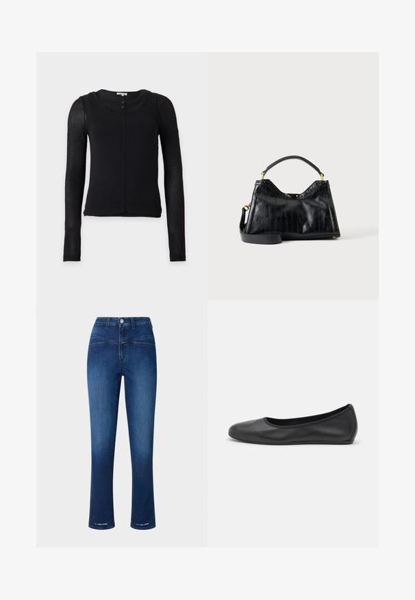 Sort tætsiddende top med lange ærmer, halvgennemsigtige ærmer, rund halsudskæring og to små knapper foran på kraven.; Mørkeblå denimbukser med høj talje, slim fit, lige ben og to forlommer. Indeholder en metalknap og syningsdetaljer.; Sort læderballetsko med rund tå, glat tekstur, minimal syning og et fleksibelt såldesign.; Sort læder håndtaske med teksturerede lodrette linjer, kort håndtag, aftagelig lang rem og guldfarvede hardware-accenter på ensfarvet baggrund.