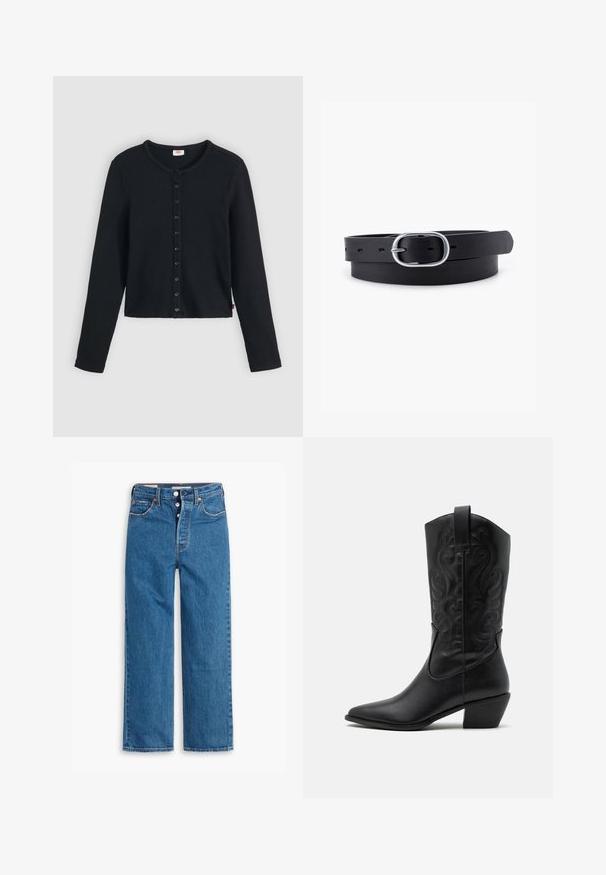 Sort ribstrikket cardigan med rund halsudskæring, lange ærmer og en række af seks knapper foran. Blød tekstur, kort længde.; Blå denim lige ben jeans med høj talje, fem lomme design og knaplukning. Markante syninger og kobberfarvede nitter.; Sorte læder cowboystøvler med spids tå, præget svungen mønster og en mid-højde hæl. Har en trækflap for nemt at tage på.; Sort læderbælte med en glat overflade, oval sølvmetalspænde og flere justeringshuller langs stroppen. Flad, minimalistisk design.