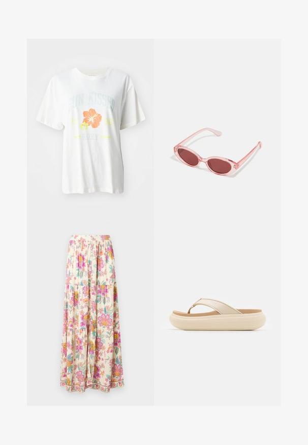 Hvid bomulds-t-shirt med et grafisk print af tropiske blomster i orange og gule nuancer samt tekst, der læser "SUN KISSED 1990 Roxy."; Lang cremefarvet nederdel med elastisk talje og farverigt blomstermønster i pink, gul og grøn, med lagdelte stofpaneler.; Beige flip-flop sandal med en bred tåstrop og en tyk, rund sål. Har et glat overmateriale og en kontrasterende brun fodseng.; Lyserøde transparente solbriller med ovale linser, mørkerød toning og slanke stænger, der har en glat overflade og diskret detaljering på rammen.