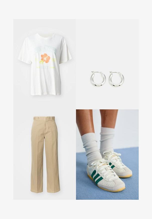 Camiseta de algodón blanca con un estampado gráfico de flores tropicales en naranja y amarillo, y con el texto "SUN KISSED 1990 Roxy."; Pantalones de pierna ancha en color beige, confeccionados en algodón, con pasadores para cinturón, cierre de cremallera y Costuras en contraste a lo largo de las costuras.; Pies con zapatillas blancas con rayas verdes y calcetines blancos de canalé que están sobre una alfombra azul claro.; Pendientes de aro de plata con un acabado pulido, que presentan una forma circular y un cierre de gancho. Textura suave con detalles mínimos.