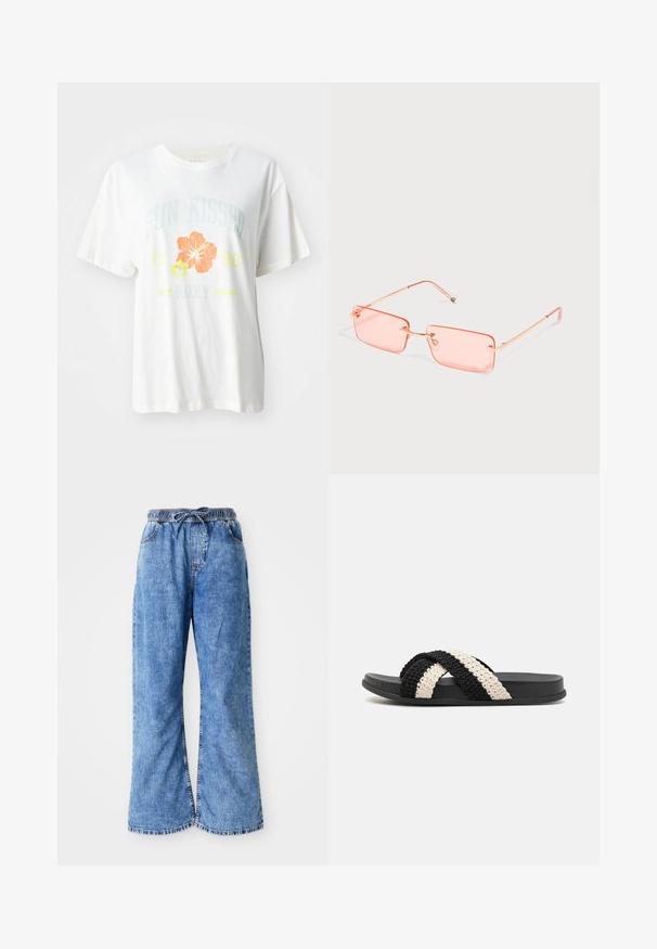 Hvid bomulds-t-shirt med et grafisk print af tropiske blomster i orange og gule nuancer samt tekst, der læser "SUN KISSED 1990 Roxy."; Lyseblå denim bukser med brede ben, elastisk talje og snørelukning. Har dobbeltstikninger og rå kant. Ingen synlige lommer.; Sort og creme vævet slide sandal med en flad gummisål, der har to krydsede fletsandaler lavet af blødt, tekstureret materiale.; Rektangulære, lyserøde kantløse solbriller med tynde, gyldne metalstel og justerbare næsepuder på en enkel lys baggrund.