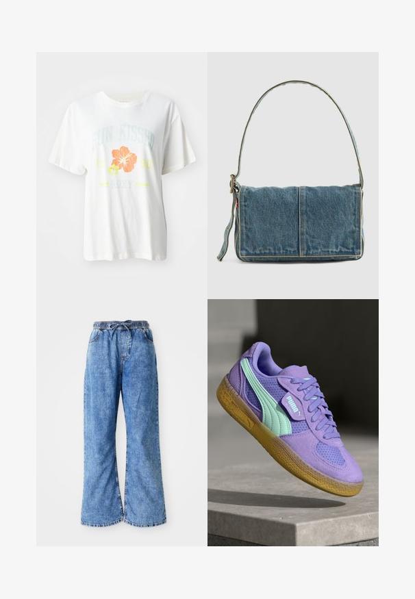 Hvid bomulds-t-shirt med et grafisk print af tropiske blomster i orange og gule nuancer samt tekst, der læser "SUN KISSED 1990 Roxy."; Lyseblå denim bukser med brede ben, elastisk talje og snørelukning. Har dobbeltstikninger og rå kant. Ingen synlige lommer.; Lilla ruskind og mesh sneakers med mintfarvede accenter, snørelukning og en struktureret gummisål. Med PUMA branding på siden.; Denim skuldertaske med fold-over design, lys blå farve, synlige sømme, justerbar rem og en sidelabel-detalje.