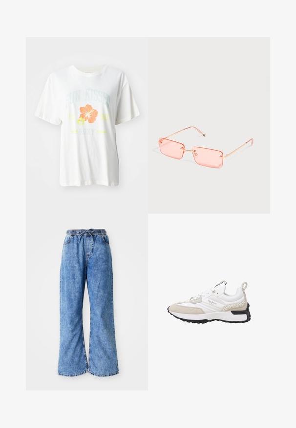 T-shirt en coton blanc avec un imprimé graphique de fleurs tropicales en orange et jaune, et le texte "SUN KISSED 1990 Roxy."; Pantalons évasés en denim bleu clair avec une taille élastique et un cordon de serrage. Présente des coutures double piqûre et un ourlet brut. Aucune poche visible.; Baskets blanches et beiges en suède et mesh, accents texturés, bout arrondi et semelle en caoutchouc. Logo visible sur le côté.; Lunettes de soleil rectangulaires sans monture teintées rose avec des branches fines en métal doré et des plaquettes nasales réglables sur un fond clair uni.