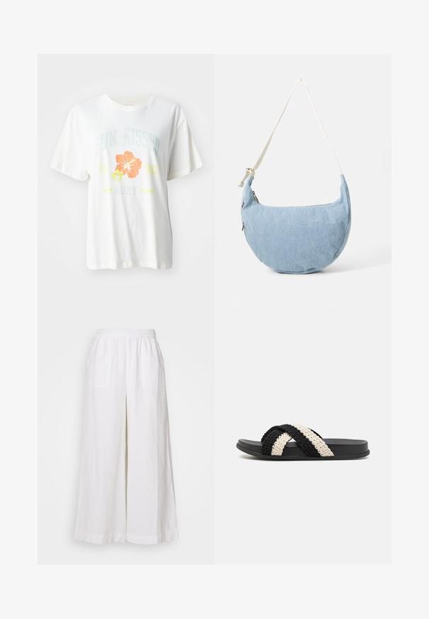 Camiseta de algodón blanca con un estampado gráfico de flores tropicales en naranja y amarillo, y con el texto "SUN KISSED 1990 Roxy."; Pantalones de lino blanco de pierna ancha con cintura elástica, que cuentan con dos bolsillos frontales y una tela ligera y texturizada.; Sandal de tira plana de caucho, tejido en negro y crema, con dos tiras trenzadas cruzadas hechas de un material suave y texturizado.; Bolso de hombro de mezclilla azul claro en forma de media luna con correa blanca ajustable y cierre de cremallera.
