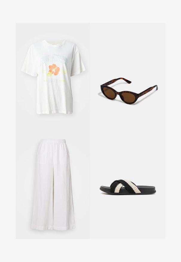Camiseta de algodón blanca con un estampado gráfico de flores tropicales en naranja y amarillo, y con el texto "SUN KISSED 1990 Roxy."; Pantalones de lino blanco de pierna ancha con cintura elástica, que cuentan con dos bolsillos frontales y una tela ligera y texturizada.; Sandal de tira plana de caucho, tejido en negro y crema, con dos tiras trenzadas cruzadas hechas de un material suave y texturizado.; Gafas de sol de carey marrón con una forma vintage de ojo de gato y lentes marrones. Presentan brazos curvados con acentos rojos.