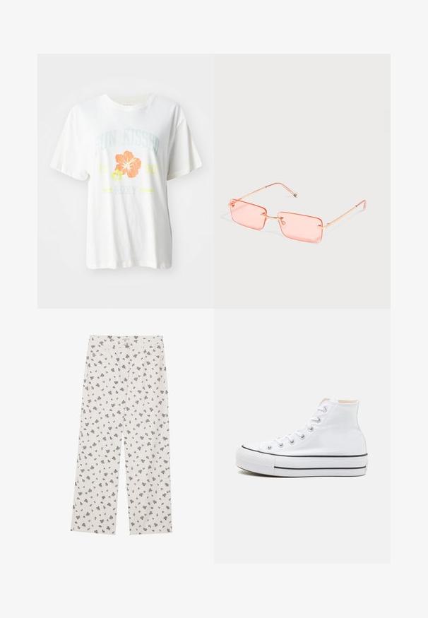 Witte katoenen T-shirt met een grafische print van tropische bloemen in oranje en geel, en tekst met de woorden "SUN KISSED 1990 Roxy."; Witte stoffen broek met een klein zwart bloemenpatroon, wijde pijpen, en een standaard tailleband met voorzakken.; Witte hoge sneakers van canvasmateriaal, zwarte rubberen zool en contrasterende zwarte streep op de tussenzool. Circulaire neus en vetersluiting.; Rechthoekige roze getinte randloze zonnebril met dunne gouden metalen pootjes en verstelbare neuspads op een effen lichte achtergrond.