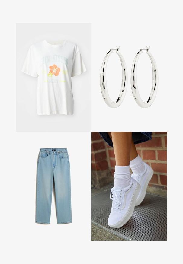 Hvid bomulds-t-shirt med et grafisk print af tropiske blomster i orange og gule nuancer samt tekst, der læser "SUN KISSED 1990 Roxy."; Vans CINCHED CHECK - Baggy jeans - light stonewash; Hvide lærreds sneakers med gummisåler, der har seks snørehuller, rund tå og let sømdetaljer, krydret med hvide ankelstrømper.; Sølv hoops øreringe med en glat, reflekterende overflade. Rund, stor form med en sikker lås øverst. Den polerede finish fremhæver glansen.