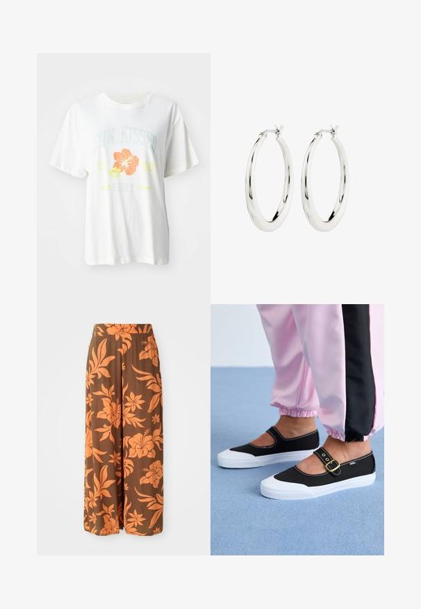 Hvid bomulds-t-shirt med et grafisk print af tropiske blomster i orange og gule nuancer samt tekst, der læser "SUN KISSED 1990 Roxy."; Brune brede bukser med et orange blomstermønster. Glat tekstur med høj talje og sidelommer. Afslappet og let design.; Sorte lærredssko med en hvid sål, der har et udskæringsdesign og et guldspænde. Bæret med lyserøde træningsbukser.; Sølvøreringe i form af hoops med en glat, blank finish. Cirkulær form, der har en sikker lås. Simpelt og elegant design.