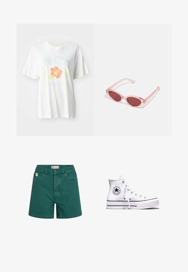 T-shirt en coton blanc avec un imprimé graphique de fleurs tropicales en orange et jaune, et le texte "SUN KISSED 1990 Roxy."; Shorts en denim vert avec une taille haute, un design à cinq poches et une fermeture à boutons sur le devant. Présente des détails cousus et une étiquette logo sur la ceinture.; Baskets blanches montantes Converse Chuck Taylor All Star avec des rayures noires et un patch logo sur le côté, présentées sur un fond blanc uni.; Lunettes de soleil transparentes roses avec des verres ovales, teintés d'un rouge foncé, et des branches fines, présentant une finition lisse et des détails subtils sur la monture.