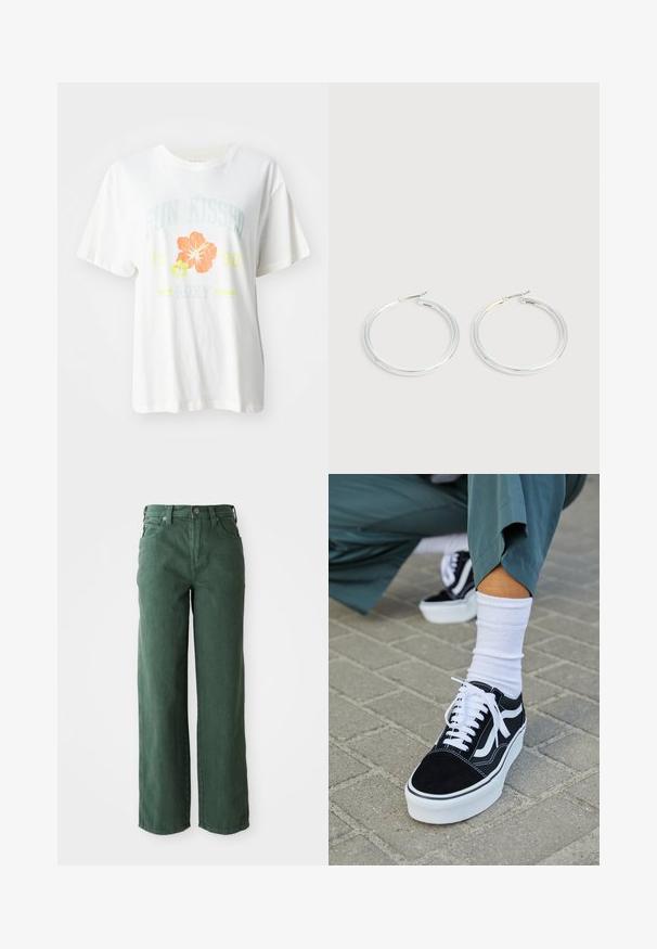 Camiseta de algodón blanca con un estampado gráfico de flores tropicales en naranja y amarillo, y con el texto "SUN KISSED 1990 Roxy."; Vaqueros verdes de pierna ancha hechos de denim. Presentan una cintura alta, piernas rectas, bolsillos frontales y cierre de botón metálico.; Zapatillas de ante negro con acentos y cordones blancos, que cuentan con una gruesa suela blanca y costuras en contraste, combinadas con un calcetín blanco.; Pareja de pendientes de aro plateados brillantes con cierres de alambre delgado, mostrados sobre un fondo gris claro.