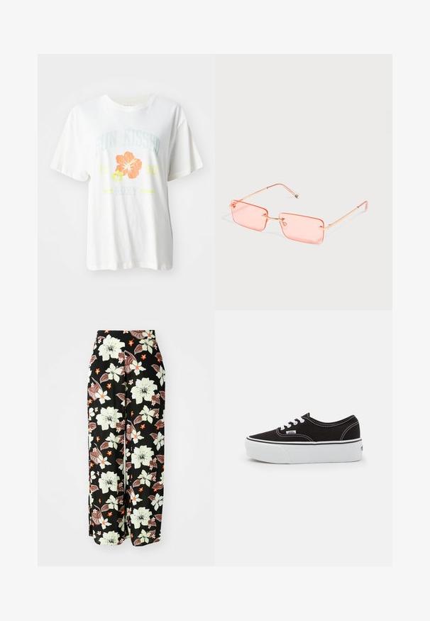 Camiseta de algodón blanca con un estampado gráfico de flores tropicales en naranja y amarillo, y con el texto "SUN KISSED 1990 Roxy."; Pantalones negros con flores grandes en blanco, naranja y marrón, con un diseño suelto de pierna ancha y una tela suave y ligera.; Zapatilla de lona negra con suela de plataforma de goma blanca, que presenta cordones y costuras blancas, con branding icónico en el lateral, diseño de corte bajo.; Gafas de sol sin montura, rectangulares con tinte rosa, con finas patillas metálicas doradas y almohadillas nasales ajustables sobre un fondo claro y liso.