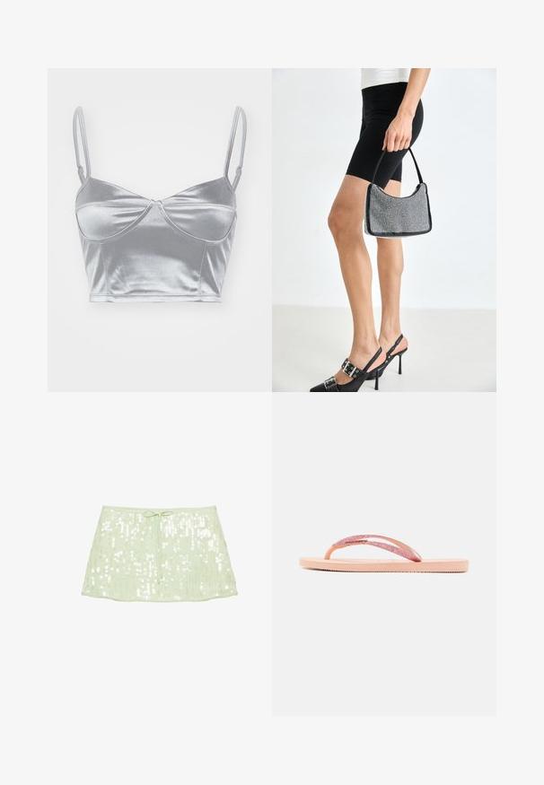 Bralette en satin argenté avec des fines bretelles réglables, un décolleté en cœur et un design torsadé au centre. Texture lisse et brillante.; Mini-jupe à sequins vert clair avec un cordon à la taille, présentée sur fond blanc uni.; Tongs roses avec une lanière pailletée, une semelle en caoutchouc texturée et un design plat simple. Les accents incluent une pièce de connexion brillante.; Sac à main à perles noires avec une silhouette courbée, une poignée de transport et une texture brillante. Porté avec des chaussures à talons hauts noires et un short noir ajusté.