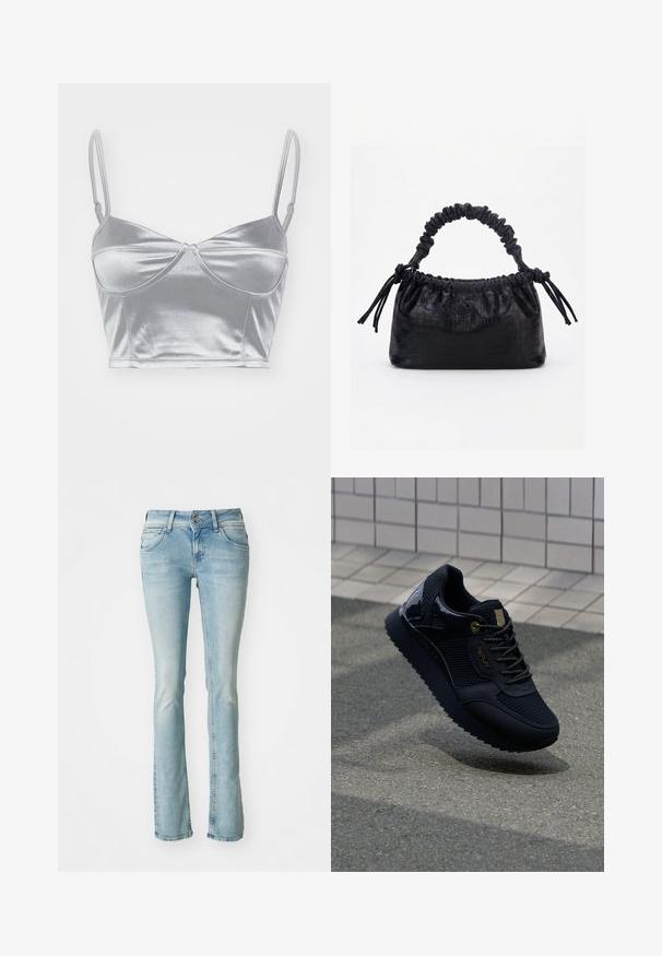Zilveren satijnen bralette met dunne verstelbare bandjes, een sweetheart-halslijn en een gedraaide uitstraling in het midden. Glad, glanzend textuur.; Lichtblauwe denim jeans, bootcut ontwerp, vijf-pocketstijl, vervaagde details, ritssluiting en knoopsluiting, subtiele stikselaccenten, middelhoge taille.; Zwarte sneaker met een bovenwerk van mesh, glanzende accenten, gouden hardware, een gestructureerde zool en een gewatteerde kraag voor comfort.; Zwarte handtas met krokodillenstructuur, geplooide bovenrand, samengevoerde handgreep en koordtassels aan elke kant tegen een witte achtergrond.