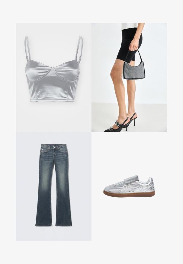 Bralette de satén plateado con tirantes finos ajustables, escote corazón y diseño retorcido en el centro. Textura suave y brillante.; Jeans de mezclilla azul acampanados con acabado desvanecido, cinco bolsillos, costuras contrastantes y cierre de botón en la cintura.; Pepe Jeans Zapatillas - silver-coloured; Bolso de cuentas negras con una silueta curva, asa de transporte y textura brillante. Llevado con zapatos de tacón altos negros y pantalones cortos negros ajustados.