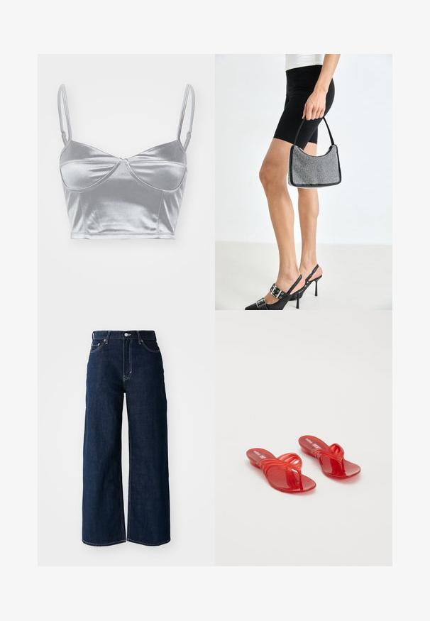 Zilveren satijnen bralette met dunne verstelbare bandjes, een sweetheart-halslijn en een gedraaide uitstraling in het midden. Glad, glanzend textuur.; Brede pijp donkerblauwe denim jeans met contrasterende stiksels, vijf-pocket ontwerp en een knoopsluiting in de taille.; Melissa QUANTUM THONG X DIESEL - Teensandalen - red; Zwarte beaded handtas met een gebogen silhouet, draaghandvat en glanzende textuur. Draagt bij hoge zwarte hakken en strakke zwarte shorts.