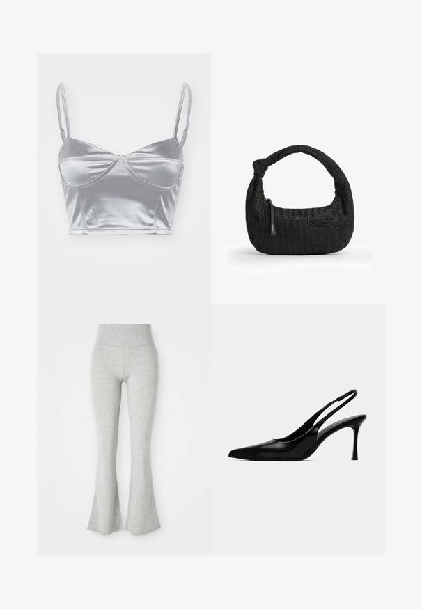 Silberne Satin-BH mit dünnen, verstellbaren Trägern, einem Herz-Ausschnitt und einem gedrehten Design in der Mitte. Glatte, glänzende Textur.; Graue, ausgestellte Leggings aus weichem Material, mit einem elastischen Bund und einer glatten Textur, die am Saum zur Ausstülpung hin auslaufen.; Schwarze Lackleder-Slingback-Pumps mit einer spitzen Zehenpartie, schlankem Design und schmalem Stiletto-Absatz. Glatte Textur, minimale Verzierungen.; Schwarze gestrickte Stoffhandtasche mit kurzem Griff, der an einem Ende verknotet ist, und kleinem Reißverschlussgriff an der Seite.