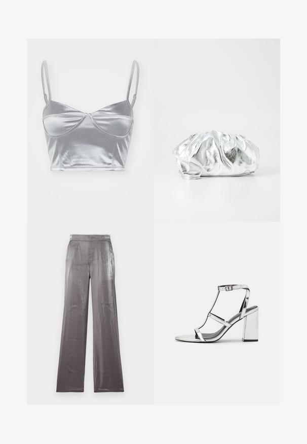 Bralette en satin argenté avec des fines bretelles réglables, un décolleté en cœur et un design torsadé au centre. Texture lisse et brillante.; Pantalons à jambes larges en tissu argenté brillant. Caractéristiques d'une texture lisse avec une taille plate et sans poches visibles.; Sandale à talons métalliques argentés avec un design à T, boucle réglable à la cheville et talon carré, présentant une surface lisse et réfléchissante.; Pochette argent métallique avec un corps doux et froncé et une fine bandoulière. Présente une texture lisse et brillante ainsi qu'une forme arrondie.
