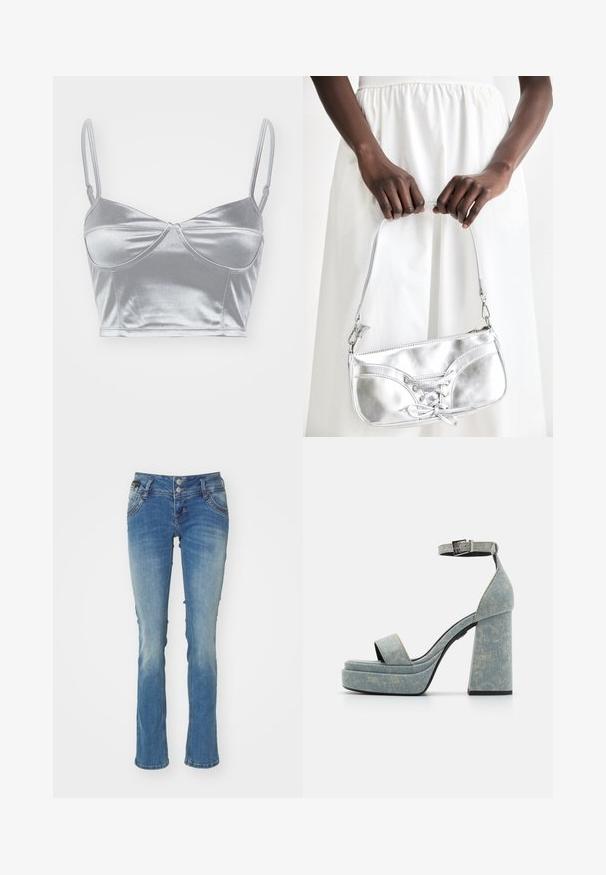 Bralette en satin argenté avec des fines bretelles réglables, un décolleté en cœur et un design torsadé au centre. Texture lisse et brillante.; Jean en denim bleu clair avec une légère décoloration, bas évasé, fermeture à deux boutons, design classique à cinq poches et détails de couture subtils.; Sandales plateforme en denim avec un épais talon bloc, bout ouvert et bride de cheville avec boucle en métal. Bleu clair avec une texture subtile.; Sac à main en métal argenté avec un détail à lacets, arborant un design épuré et une courte sangle. Le sac est tenu dans les mains, mettant en valeur sa texture.