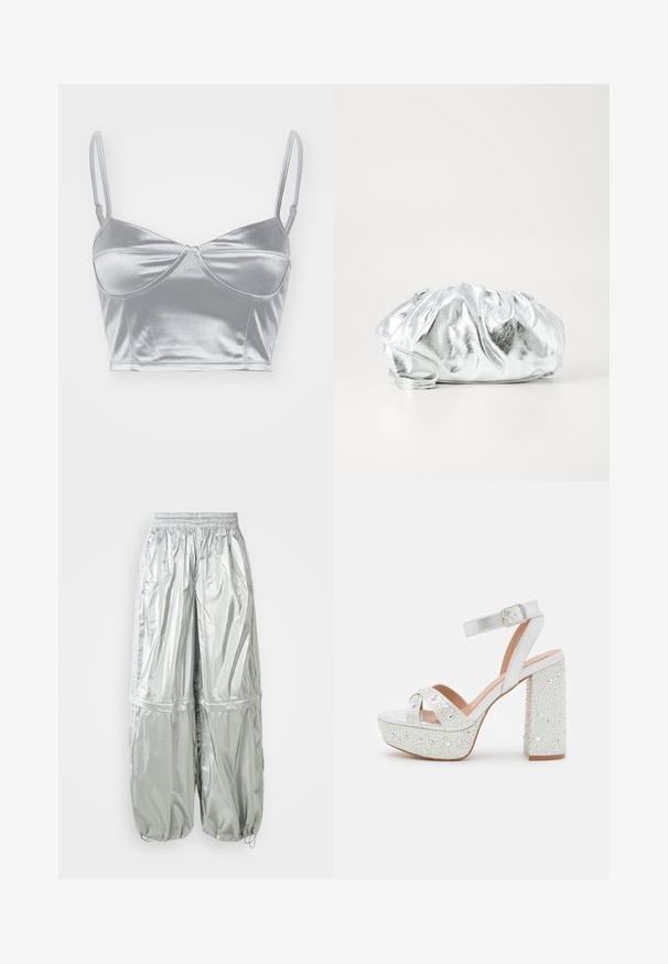 Silberne Satin-BH mit dünnen, verstellbaren Trägern, einem Herz-Ausschnitt und einem gedrehten Design in der Mitte. Glatte, glänzende Textur.; Silberne leichte Cargo-Hose mit schimmernder Textur, elastischem Bund, gerafften Bündchen und zwei großen Fronttaschen.; Weiße Plattform-Sandaletten mit metallischem Finish, ausgestattet mit zwei überkreuzten Riemen, einem Knöchelriemen und einem Blockabsatz, der mit funkelnden Edelsteinen verziert ist.; Metallisch silberne Clutch-Tasche mit einem weichen, gerafften Körper und einem dünnen Schultergurt. Sie verfügt über eine glatte, glänzende Textur und eine abgerundete Form.