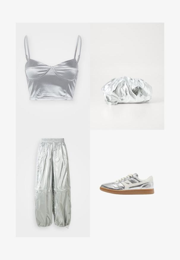 Silberne Satin-BH mit dünnen, verstellbaren Trägern, einem Herz-Ausschnitt und einem gedrehten Design in der Mitte. Glatte, glänzende Textur.; Silberne leichte Cargo-Hose mit schimmernder Textur, elastischem Bund, gerafften Bündchen und zwei großen Fronttaschen.; Niedriger Sneaker mit metallisch silbernem Obermaterial, weißen Lederakzenten, cremefarbenen Schnürsenkeln und hellbrauter Gummisohle, seitlich dargestellt.; Metallisch silberne Clutch-Tasche mit einem weichen, gerafften Körper und einem dünnen Schultergurt. Sie verfügt über eine glatte, glänzende Textur und eine abgerundete Form.