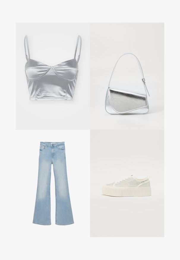 Bralette en satin argenté avec des fines bretelles réglables, un décolleté en cœur et un design torsadé au centre. Texture lisse et brillante.; Jean en denim bleu clair taille haute avec bouton et fermeture éclair à l'avant, cinq poches, et jambes évasées larges.; Baskets plateformes blanches avec une tige texturée featuring des accents irisés et une semelle épaisse à nervures. Lacets et une languette à l'arrière.; Sac à main en métal argenté de forme triangulaire, texture lisse et fine bandoulière réglable. Présente un design rabat avec couture.