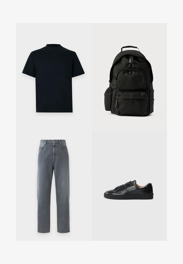 Kurzarm-T-Shirt in einfarbigem Schwarz mit hohem Kragen. Aus glattem Stoff gefertigt, zeichnet sich durch ein minimalistisches Design und dezente Markenkennzeichnung auf der Brust aus.; Hochtaillierte, gerade geschnittene Jeans aus ausgeblichenem grauem Denim, mit fünf Taschen, einem Knopfverschluss und subtilen Ausbleichungen im Stoff.; Schwarze Leder-Sneaker mit glatter Textur, runder Zehenpartie und Schnürverschluss. Verfügt über eine dicke Gummisohle und minimalistische Marken-Details.; Schwarzer Nylon-Rucksack mit mehreren Reißverschlussfächern und einem oberen Griff, dargestellt vor einem einfarbigen hellen Hintergrund.