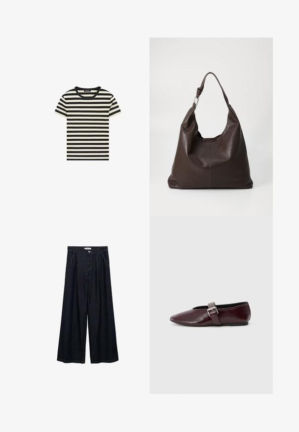 Sort-hvidt horisontalt stribet t-shirt med korte ærmer og sort rund halsudskæring.; Mørk denim bredbenede bukser med høj talje, der har en frontlukning med knap, to sidelommer og syningsdetaljer.; Bordeaux læder ballerina sko med spidse tæer, flad sål og en dekorativ spænde-strop over vristen. Glat, blank tekstur.; Zign by Zalando LEATHER - Shopping bags - chocolate brown