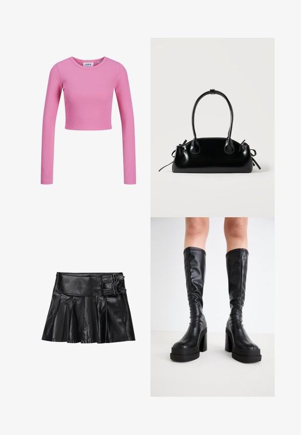 Haut cropped à manches longues en tissu côtelé rose clair. Il présente un col rond et une coupe ajustée avec une texture lisse.; Jupe en cuir noir avec des plis, taille large et deux accents à boucle sur le côté. Texture lisse avec une finition brillante.; Bottes noires hautes en cuir lisse, avec une épaisse semelle plateforme et un talon carré, ornées de surpiqûres le long des bords.; Petit sac à main noir brillant avec deux longues anses et des détails à cordon sur les côtés sur un fond clair uni.