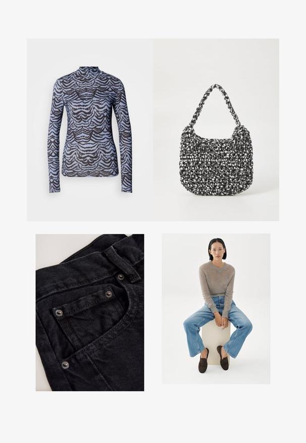 Scotch & Soda ALL OVER PRINTED MOCK NECK LONG SLEEVE - Top s dlhým rukávom - blue; Čierne džínsy z denimu s vysokým pásom, s malým predným vreckom, kovovými ozdobami a textúrovaným povrchom látky.; Mladá žena s krátkymi čiernymi vlasmi sedí na bielom bloku, oblečená v béžovom huňatom svetri, modrých džínsoch a tmavohnedých mokasínach na bielom pozadí.; Tkaná kabelka v čierno-bielej kombinácii s oválnym tvarom, textúrovaným povrchom a pletenou rúčkou. Vhodná na bežné nosenie.