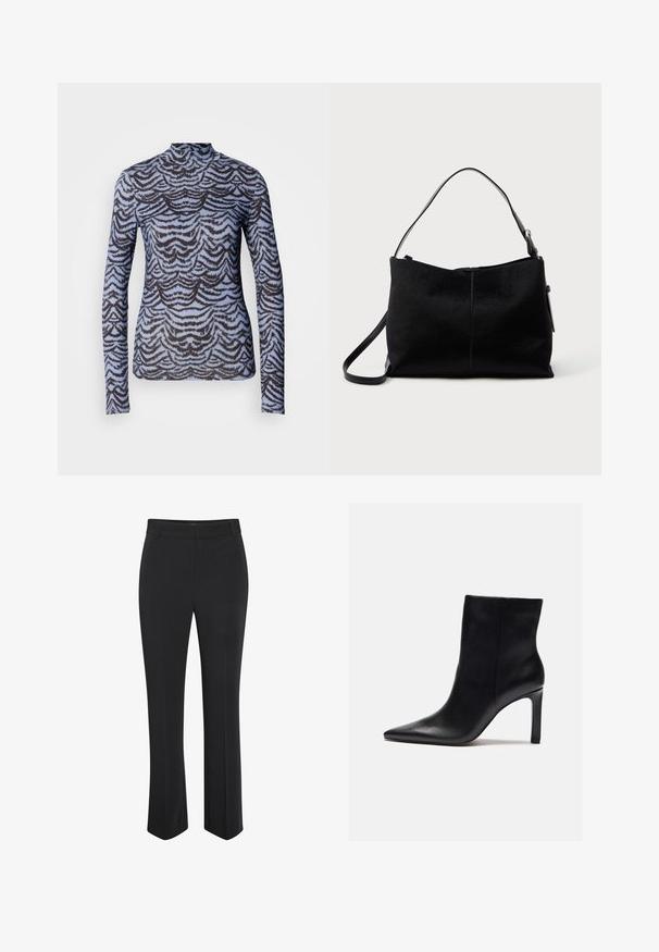 Scotch & Soda ALL OVER PRINTED MOCK NECK LONG SLEEVE - Langærmet T-shirt - blue; Sorte, skræddersyede bukser med lige ben. Fremstillet af glat stof, med en taljeret linning i taljen og en diskret presning foran.; Zign by Zalando Højhælede støvletter - black; Sort skuldertaske med en glat, tekstureret overflade, prydet med en enkelt rem og en lynlåslukning øverst. Kompakt rektangulær form.