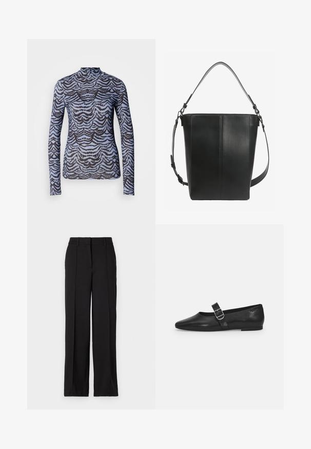 Scotch & Soda ALL OVER PRINTED MOCK NECK LONG SLEEVE - Camiseta de manga larga - blue; Pantalones negros con un diseño de pierna recta, con dos pliegues en la parte frontal, una cinturilla y sin bolsillos visibles ni adornos.; Zapato plano de cuero negro con punta redondeada, una sola correa ajustable con hebilla y una textura suave y brillante. Diseño minimalista con un tacón bajo.; Bolso tipo saco de cuero negro con costuras verticales, una asa corta y una correa ajustable para el hombro con cierres metálicos.