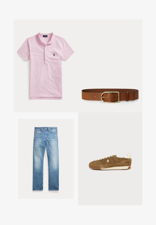 Polo rose clair à manches courtes avec quatre boutons et logo brodé bleu marine sur la poitrine gauche.; Jean denim bleu clair à coupe droite, légèrement délavé, design cinq poches avec étiquette visible de la marque Polo sur la ceinture.; Baskets basses en daim marron avec lacets blancs, semelle beige et petit logo blanc de cheval sur le côté.; Ceinture en cuir marron avec une grande boucle ovale dorée et plusieurs trous de réglage présentée sur un fond uni.