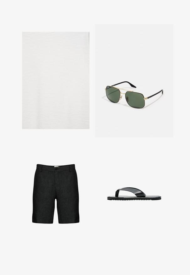 Effen witte stoftextuur, gelijkmatig verlicht met subtiele kreukels en een zacht, glad oppervlak.; Zwarte linnen shorts met een vlakke voorkant, riemlussen en een enkele knoopsluiting. Ze hebben een gestructureerde stof en licht toegespitste broekspijpen.; Zwarte platte teenslipper met brede teenband en gestructureerde zool, zijaanzicht op een witte achtergrond.; Gouden metalen zonnebril met groene glazen, rechthoekige vorm, zwarte plastic pootjes en een twee-kleurig ontwerp. Voorzien van neuspads voor comfort.