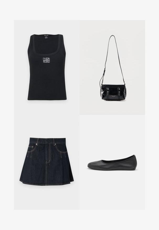 Zwarte geribbelde tanktop met vierkante halslijn en een witte geborduurde logo aan de voorkant. Gemaakt van een rekbaar materiaal.; Denim rok in donkerblauw, met een uitlopende uitstraling, riemlussen, voorzakken en contrasterende stiksels langs de naden.; Zwarte leren ballerina met een ronde neus, gladde textuur, minimale stikdetails en een flexibele zoolontwerp.; Zwarte leren schoudertas met verstelbare riem, twee verticale ritsen aan de voorkant en een klein metalen vleugelembleem onder de ritsen.