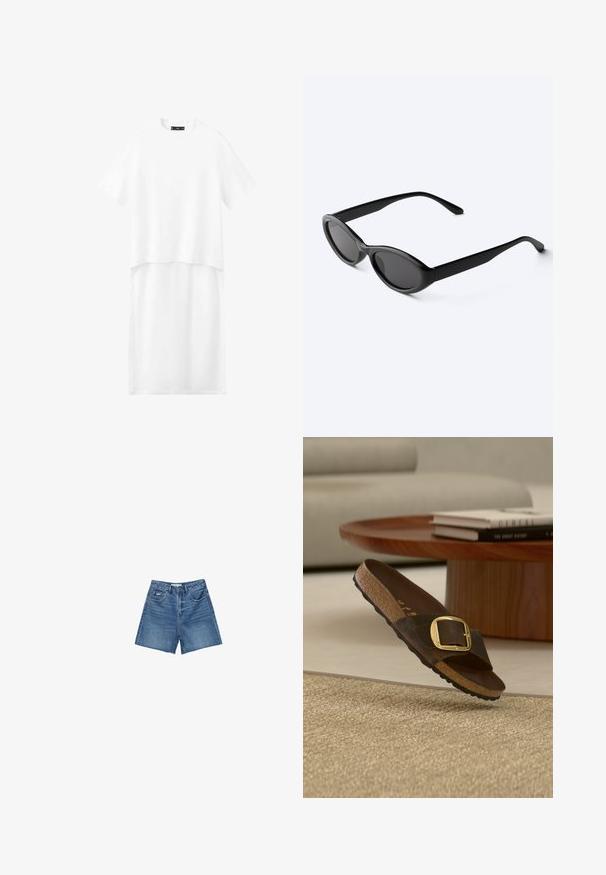 Hvid kortærmet kjole med lagdelt design. Fremstillet af glat stof med en afslappet pasform og rund halsudskæring. Ingen synlige mønstre eller hardware.; Denim shorts i mellemblå vask med et klassisk fem-lomme design, bæltestropper og lynlås-gylp med knaplukning.; Brun ruskindslæder sandal med stor guldbeklædning, fotseng af kork og sort sål mod en beige tæppe og et træ sofabord i baggrunden.; Slanke sorte ovale solbriller med mørke linser og lige arme, hvilende på en hvid overflade.