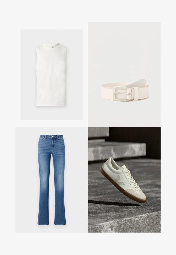 Hvid ærmeløs tanktop med rund halsudskæring med en lille GAP-logo på indersiden af kraven bagtil, fladt lagt på en lys baggrund.; ONLY ONLWAUW MID WAIST - Jeans Slim Fit - medium blue denim; Hvide læder sneakers med tanfarvet gummisål, flade snørebånd og V-formet detalje på siden. Har en glat overflade og minimale syninger.; Flødefarvet læderbælte med en rektangulær sølvspænde, rullet sammen med enden stukket ind under bæltestrop.