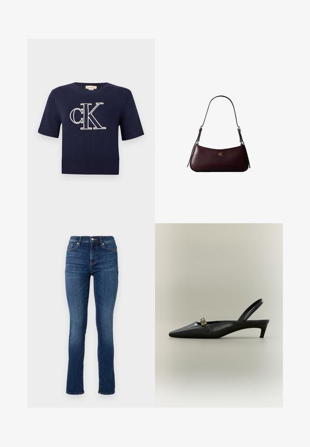 Marineblaues Strickoberteil mit kurzen Ärmeln, Rippensaum und Bündchen, mit großem weißem, gesticktem "cK"-Logo in der Mitte auf der Brust.; Dunkelblaue Skinny Jeans aus Denim, mit einem standardmäßigen Bund, Fronttaschen und dezenten Steppnähten.; Schwarzer Slingback-Kitten-Heel aus Leder mit spitz zulaufender Zehenpartie und kleiner goldfarbener Schnalle auf einfarbigem Hintergrund.; Dunkelburgunderfarbene Lederhandtasche mit schmalem schwarzem Schulterriemen und kleinem goldenem "cK" Logo vorne in der Mitte.