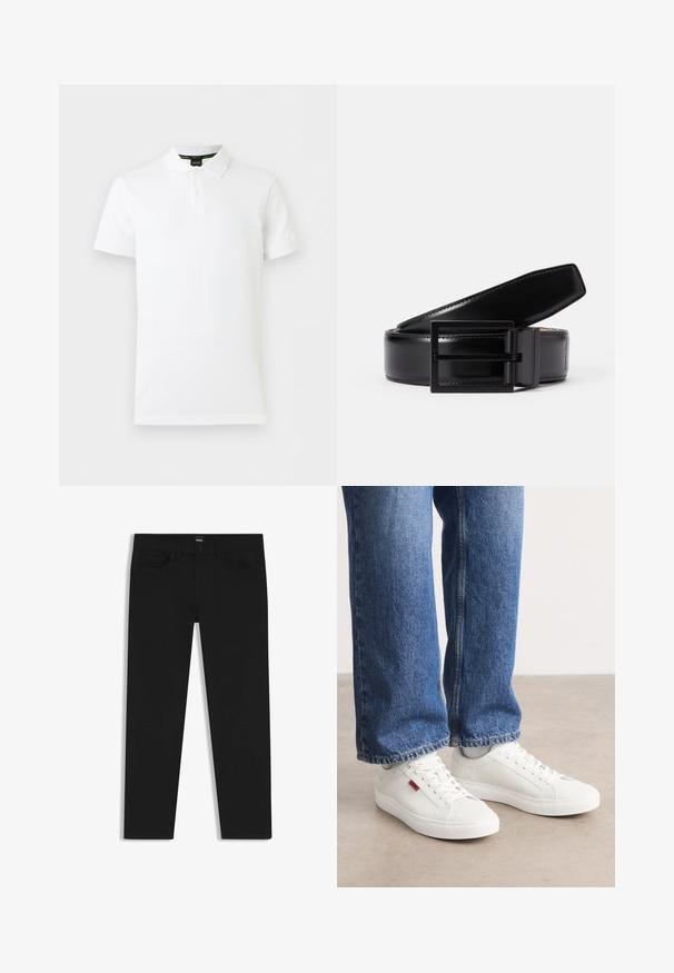 Hvid kortærmet polo med krave og to-knaps placket, med en diskret logo på venstre bryst.; Sorte denimbukser med lige pasform, der har en standard talje, fem lommer og en knaplukning. Glat struktur over det hele.; Hvide sneakers med en glat overflade, rund tå og flad sål. Accompaneret af blå denim jeans med en lige pasform og synlige sømme.; Sorte læderbælte med en glat finish, der har en firkantet sort metalspænde. Bæltet har diskret syninger og et klassisk design.