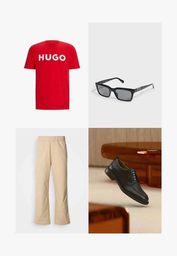 Rotes Baumwoll-T-Shirt mit einem auffälligen weißen "HUGO"-Logo auf der Brust. Kurze Ärmel und ein klassischer Rundhalsausschnitt. Angenehme, glatte Textur.; Beige weite Hose mit elastischem Bund, aus glattem Baumwollstoff, mit Seitentaschen und gerader Silhouette.; Schwarzer Leder-Schnürschuh mit texturierter Vorderseite, schwebend über beigem Teppich in einem modernen Raum mit bernsteinfarbenen Möbeln.; Schwarze rechteckige Sonnenbrille mit dunklen Gläsern und silbernem G-Logo an den Bügeln, auf einer hellen Oberfläche liegend.