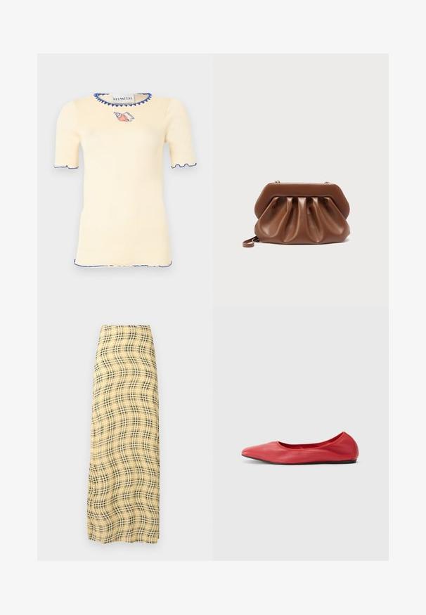 Top de punto color crema con mangas cortas y ribete azul en forma de ondas en el escote, mangas y dobladillo, con un pequeño bordado de concha roja y azul debajo del cuello.; Rabanne Falda larga - green/yellow/cream; Filippa K REY FLATS - Bailarinas - bright red; Bolso de mano de cuero marrón con diseño fruncido y marco superior estructurado, con una pequeña correa para la muñeca y detalles de cierre en tono dorado.
