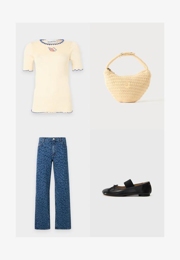 Crèmekleurige gebreide top met korte mouwen en blauwe gegolfde bies aan de halslijn, mouwen en zoom, met een kleine rode en blauwe schelp-embroidery onder de kraag.; Wijde pijpen jeans in een donkerblauwe denim, met een luipaardprint, voorkruiken en een klassieke knoopsluiting.; Zwarte leren balletschoenen met een ronde neus, een klein knoopdetail en een elastische band over de wreef voor een stevige pasvorm. Platte zool.; Beige geweven handtas met afgerond lichaam, ritssluiting en een korte, dikke band in een eenvoudige, gestructureerde haakstijl.